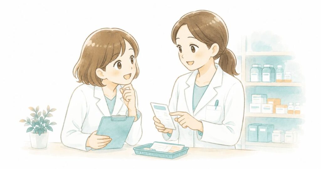 薬局で先輩が新人に優しく指導している